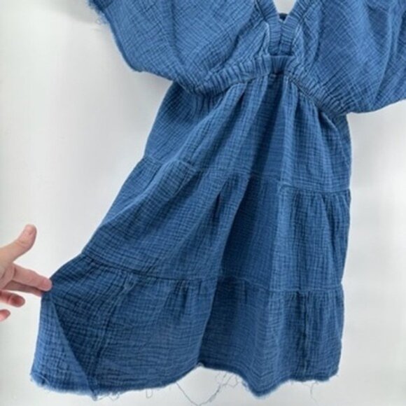 Aerie Womens XL Blue Mini Dress Gauze V Neck Short Sleeve Tiered Frayed Hem - Picture 3 of 6